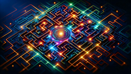 Glowing abstract maze representing strategic planning concept as An overhead shot of a glowing abstract maze with vibrant paths symbolizing strategic planning and decision making in operational manage