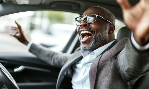 Joyful African Man with Glasses Singing in Car During Self-Drive Vacation: Carefree Laughter and Surprised Expression. Freedom, Relaxation, and Cultural Diversity Concept for Holiday Lifestyle Marketi