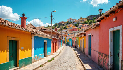 Favela life on a sunny day with colorful houses