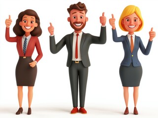 Managers celebrating success. 3D illustration success people, together, thumbs up, happy flat cartoon. Three dimensional rendering on white background.
