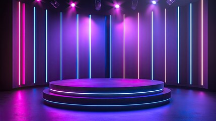 Refined podium on a high-tech stage with LED panels, ready for the unveiling of an innovative product