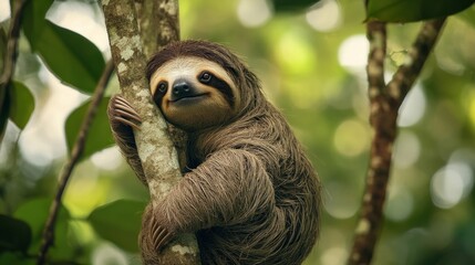 Fototapeta premium Portrait of a sloth or Latin name Bradypus variegatus hanging on a tree, endangered and protected animal background wallpaper AI generated image