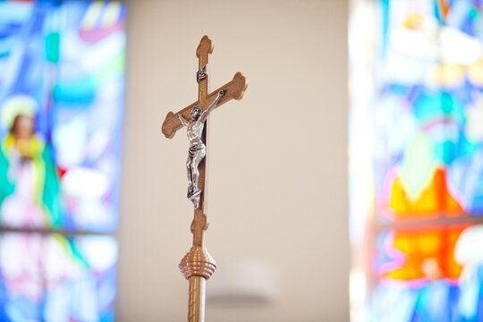 Close-up of religious cross in churdh, Ontario, Canada