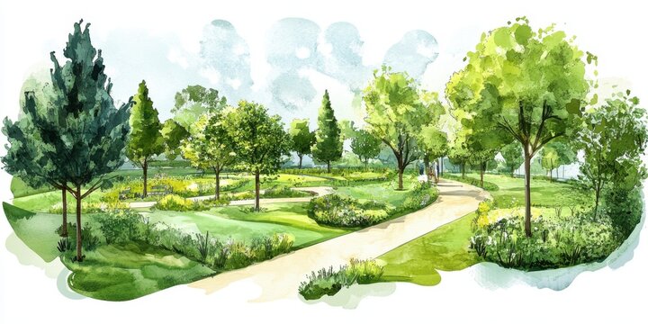 Scenic watercolor illustration of a lush garden park with winding paths, green trees, and vibrant floral arrangements under a clear sky.