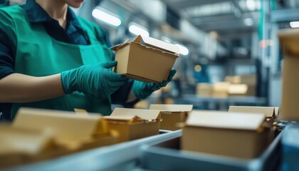 Worker in factory assembling cardboard boxes for packaging. Industrial production line with focus on hands and product assembly.