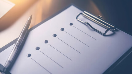 professional clipboard with bullet points and elegant pen on wooden desk in warm light