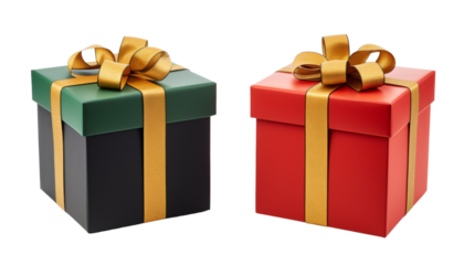 black and red gift box with gold ribbon isolated on transparent background cutout