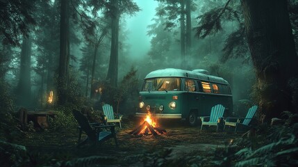 Obraz premium Tranquil Forest Campsite Poster: Classic Teal Camper Van, Glowing Campfire, and Inviting Adirondack Chairs Amidst Lush Greenery - Perfect for Outdoor Enthusiasts and Nature Lovers!