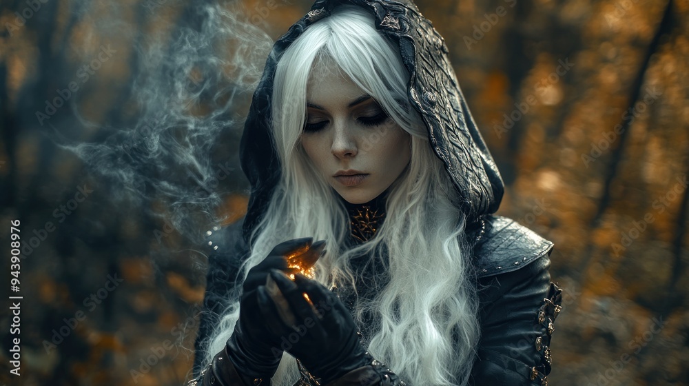 Wall mural medieval woman assassin medieval warrior white hair witch magic character mysterious wearing a black