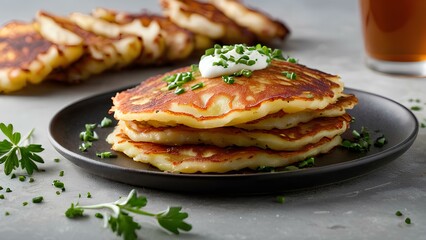 Close up of potato pancakes with parsley and cream on the plate
