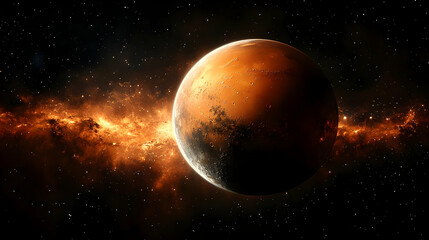 Obraz premium Mars, the red planet, in a starry sky with a glowing nebula.