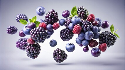 A cluster of juicy purple berries suspended in mid-air, defying gravity, against a bright white background, with subtle shadows and gentle highlights.