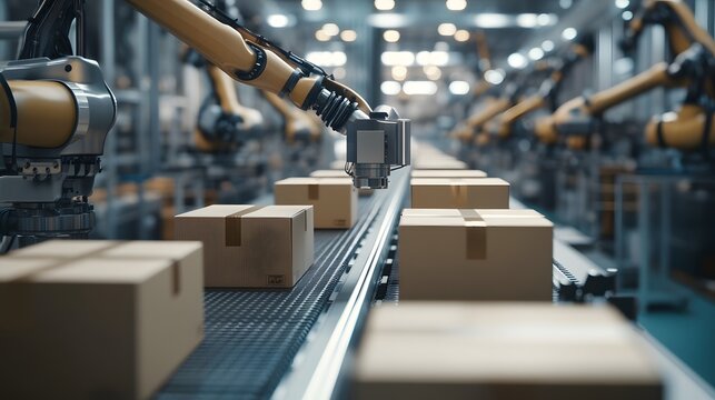 A high-tech factory floor with robotic arms neatly arranged, carrying out precise cardboard packaging in an industrial setting. The scene is captured from above, showcasing the advanced technology