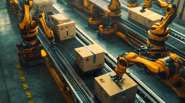 A high-tech factory floor with robotic arms neatly arranged, carrying out precise cardboard packaging in an industrial setting. The scene is captured from above, showcasing the advanced technology
