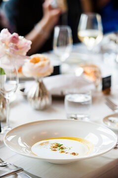 Butternut Squash Soup with Croutons Appetizer at Wedding
