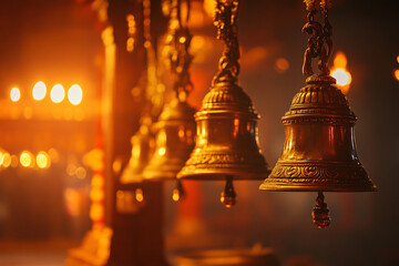 Four bells hanging from a pole, one of which is lit