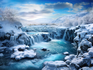 Snowy Mountain with Cold River in Winter, Magical Winter Time LocationBlue Glacial Water