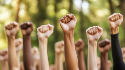 Diverse group of raised fists symbolizing solidarity and activism during a gathering in a forested area on a sunny day