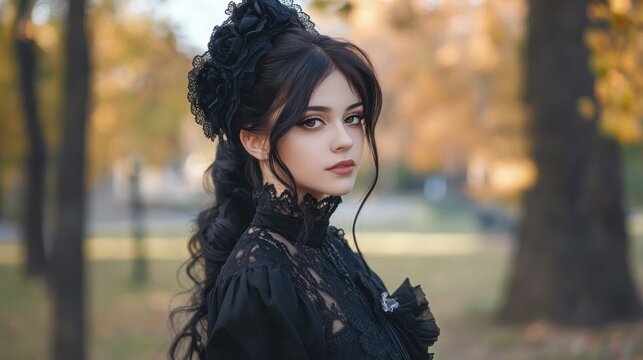 Young girl model with make up and a black dress queen victorian gothic style background wallpaper AI generated image