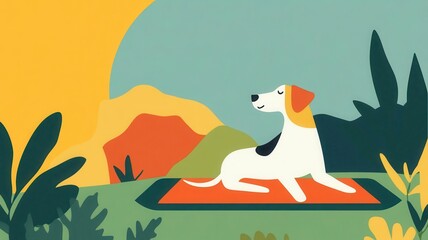 Obraz premium Cozy dog on a camping mat, surrounded by nature, flat design illustration