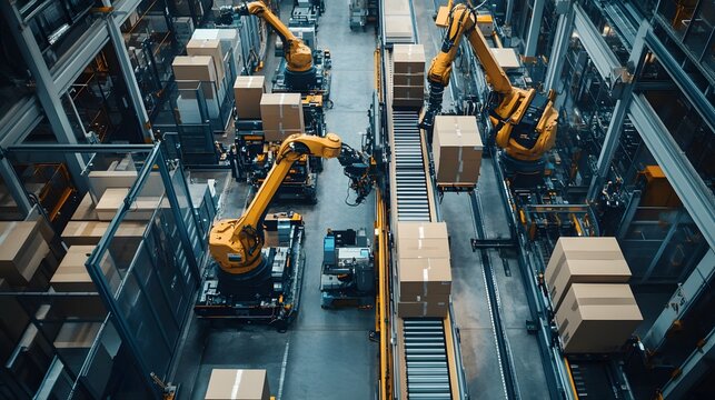 A high-tech factory floor with robotic arms neatly arranged, carrying out precise cardboard packaging in an industrial setting. The scene is captured from above, showcasing the advanced technology