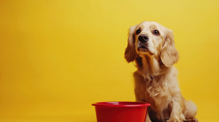 dog and food bowl on clean background with space for text or graphic design.