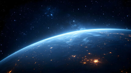 Naklejka premium Night view of Earth from space showing city lights with stars and a galaxy in the background.