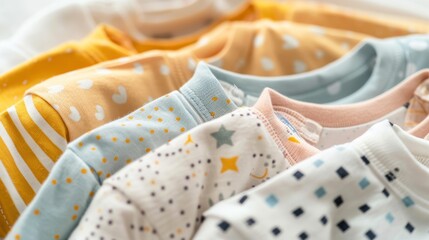 Close-up of baby clothes with playful patterns and soft fabrics