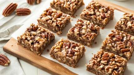 These homemade pecan bars feature layers of chocolate and coconut, beautifully presented on a wooden board. Enjoy them as a delightful treat for friends and family