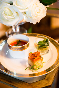 Lobster Bisque, Miso Glazed Cod and Scallop Ceviche at Wedding Reception