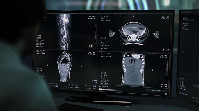 Doctor supervises the imaging analysis of the sick persons body. Doctor observing the chest organs analysis done by the medical imaging equipment. Doctor diagnosing the patient after imaging analysis.