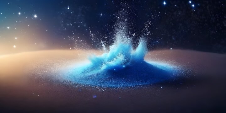 view of a sparkling mound of sand illuminated by cosmic stars in a dark blue background during night