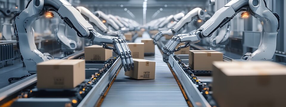 A high-tech factory floor with robotic arms neatly arranged, carrying out precise cardboard packaging in an industrial setting. The scene is captured from above, showcasing the advanced technology