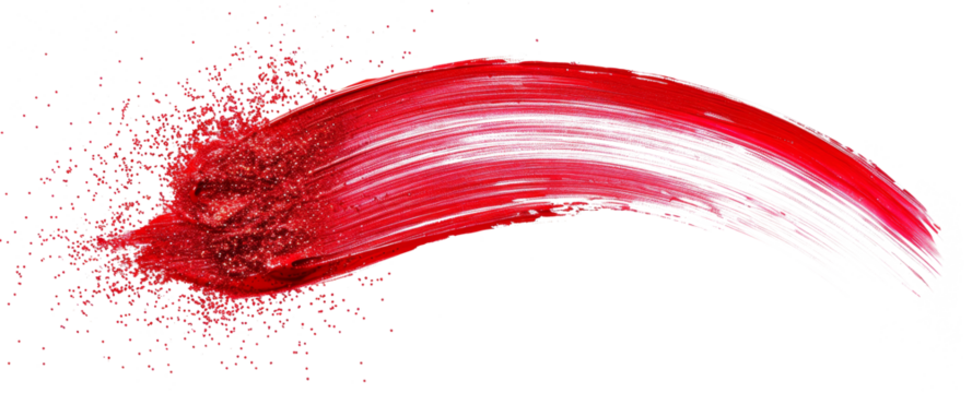 Vibrant red paint stroke with splashes showcasing creativity and artistic expression