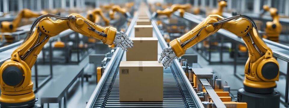 A high-tech factory floor with robotic arms neatly arranged, carrying out precise cardboard packaging in an industrial setting. The scene is captured from above, showcasing the advanced technology