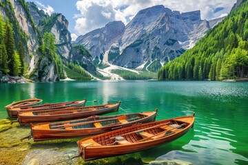 Obraz premium Serene Mountain Lake with Wooden Boats