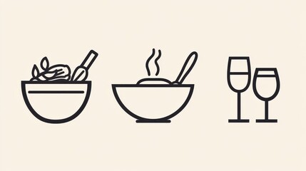 This set features refined line art illustrations of gourmet dishes and wine glasses, perfect for restaurant-themed designs