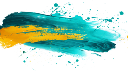 Colorful abstract paint stroke with bright turquoise and gold splatters on white background