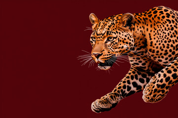 Obraz premium A high-contrast design showcasing a hunting leopard, highlighted with gold and deep brown tones, moving across a rich cherry-brown background. The banner includes the text 
