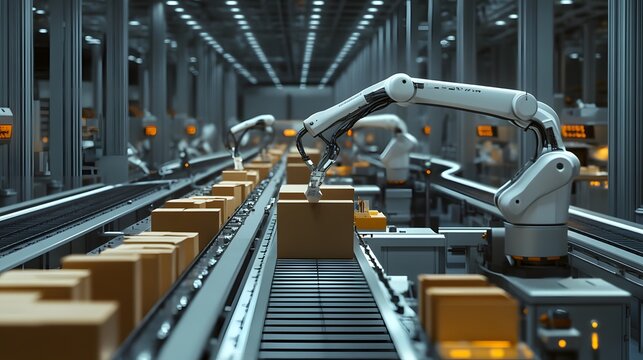 A high-tech factory floor with robotic arms neatly arranged, carrying out precise cardboard packaging in an industrial setting. The scene is captured from above, showcasing the advanced technology