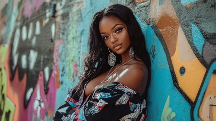 Fototapeta premium Urban Chic: A Confident Young Woman in Fashionable Outfit Poses Against Vibrant Graffiti—Perfect for Sporty Interior Poster Decor!