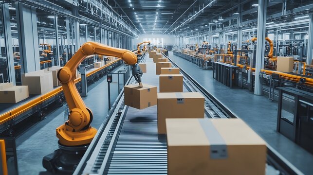 A high-tech factory floor with robotic arms neatly arranged, carrying out precise cardboard packaging in an industrial setting. The scene is captured from above, showcasing the advanced technology