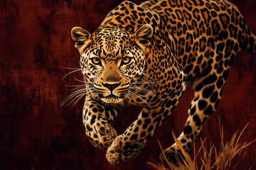 Fototapeta premium A high-contrast design showcasing a hunting leopard, highlighted with gold and deep brown tones, moving across a rich cherry-brown background. The banner includes the text 