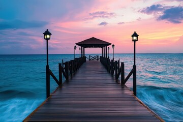 Fototapeta premium A wooden pier leading to a beach at sunset.