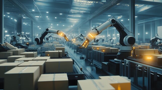 A high-tech factory floor with robotic arms neatly arranged, carrying out precise cardboard packaging in an industrial setting. The scene is captured from above, showcasing the advanced technology