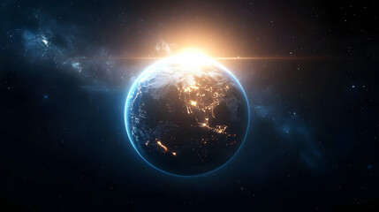 Planet Earth seen from space with a sun shining brightly behind it.
