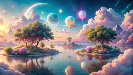 Dreamy Paradise: Pastel hues, whimsical clouds, floating landscapes, ethereal glow.