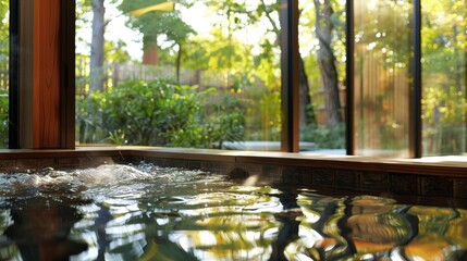 Tranquil Spa Retreat with Garden View Through Large Windows for Relaxation and Serenity