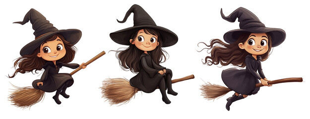 Cartoon illustration cute young witch flying on a broom on transparent background. PNG