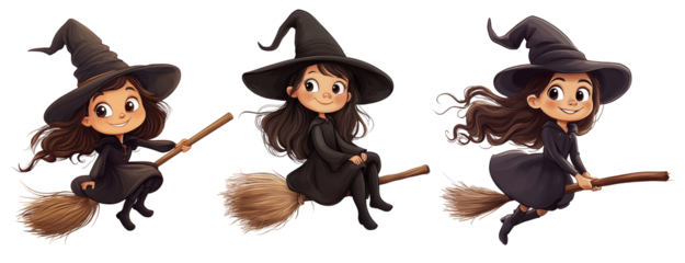 Cartoon illustration cute young witch flying on a broom on transparent background. PNG